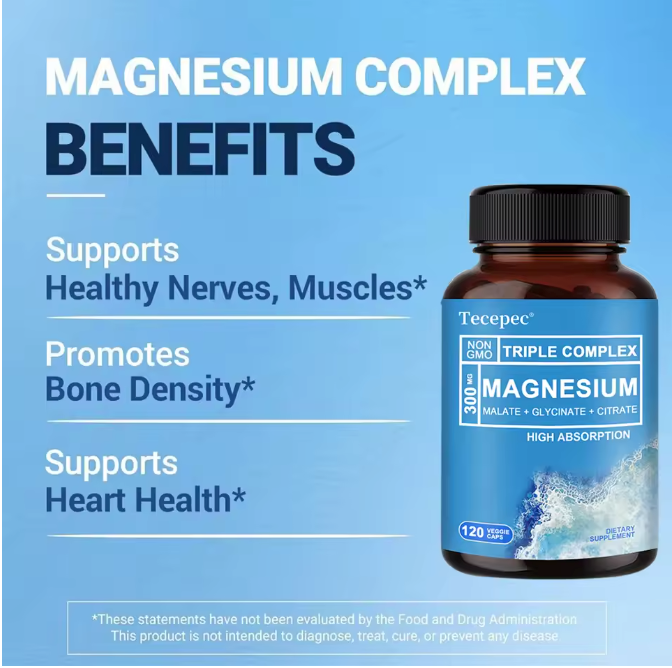 Triple Magnesio | 300 mg de Magnesio Glicinato, Malato y Citrato, Apoyo para Músculos, Nervios y Energía, 120 Cápsulas