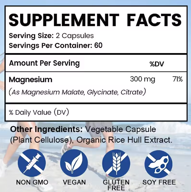 Triple Magnesio | 300 mg de Magnesio Glicinato, Malato y Citrato, Apoyo para Músculos, Nervios y Energía, 120 Cápsulas