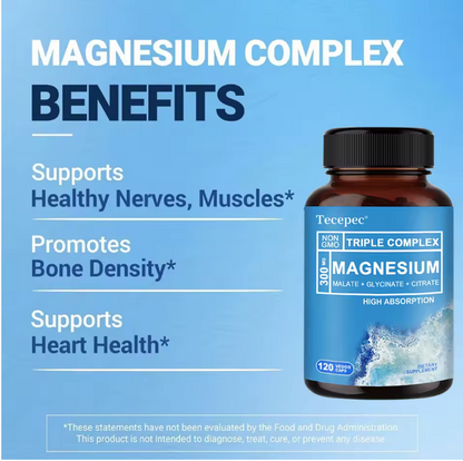Triple Magnesio | 300 mg de Magnesio Glicinato, Malato y Citrato, Apoyo para Músculos, Nervios y Energía, 120 Cápsulas