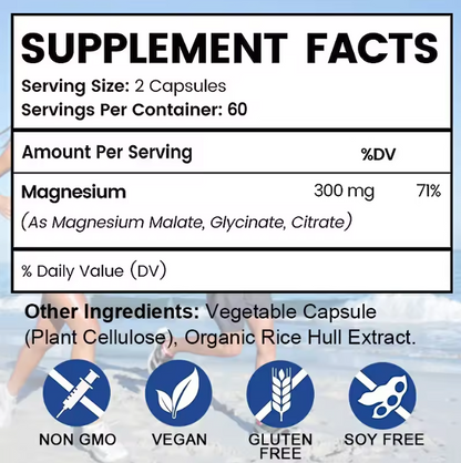 Triple Magnesio | 300 mg de Magnesio Glicinato, Malato y Citrato, Apoyo para Músculos, Nervios y Energía, 120 Cápsulas